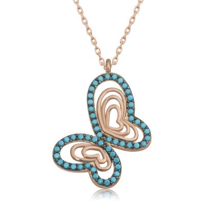Sterling Silver Rose Gold Turquoise Stone Butterfly Women's Necklace