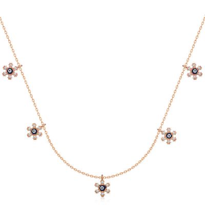 Sterling Silver Rose Gold Flower Evil Eye Luck Women's Necklace