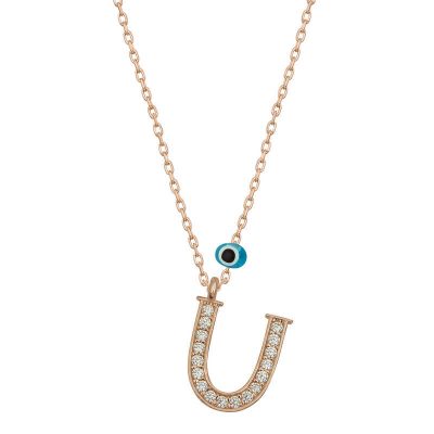 Sterling Silver Evil Eye Rose Gold U Harfi Women's Necklace