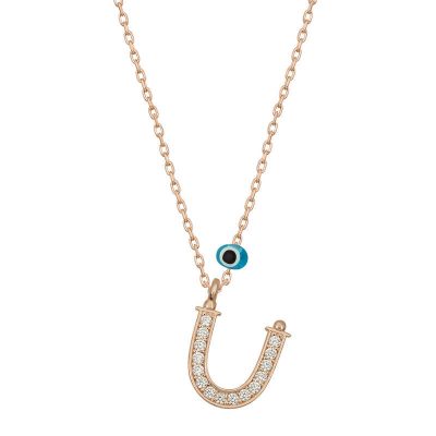 Sterling Silver Evil Eye Rose Gold U Harfi Women's Necklace