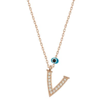 Sterling Silver Evil Eye Rose Gold V Harfi Women's Necklace