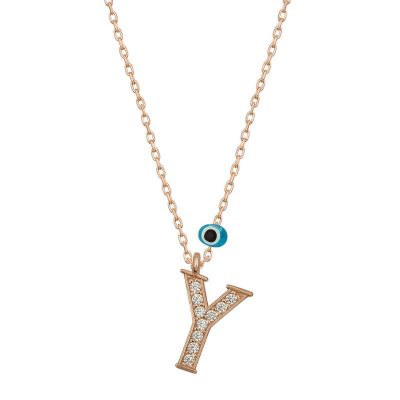 Sterling Silver Evil Eye Rose Gold Y Harfi Women's Necklace