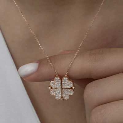 Sterling Silver Rose Gold Heart Openable Clover Women's Necklace