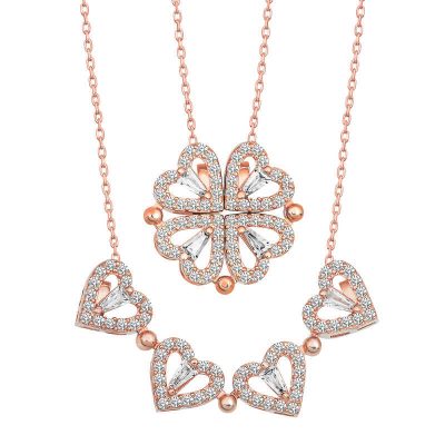 Sterling Silver Rose Gold Heart Openable Clover Women's Necklace
