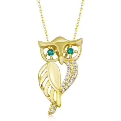 ​Sterling Silver Gold Green Eye Owl Women's Necklace