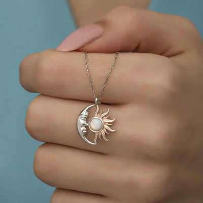 Sterling Silver Opal White Stone Moon Sun Women's Necklace