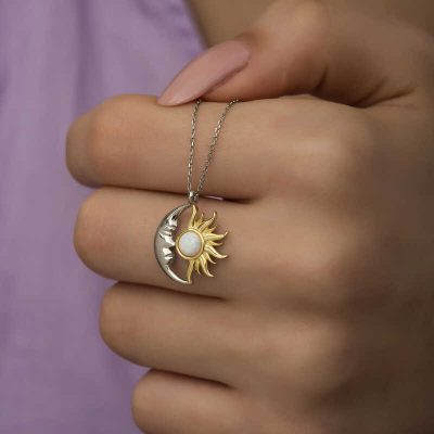 Sterling Silver Opal White Stone Moon Sun Women's Necklace