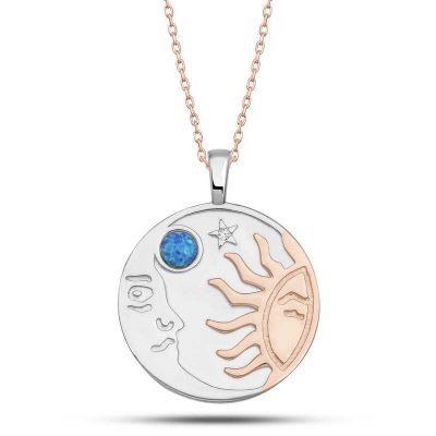 Sterling Silver Rose Gold Opal Blue Stone Moon Sun Women's Necklace