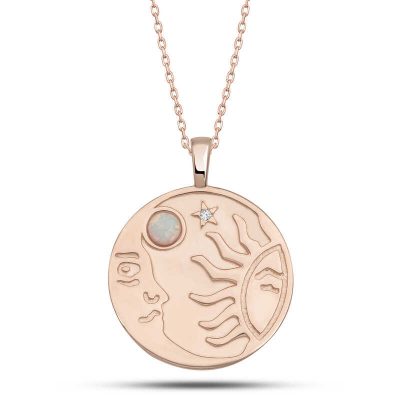 Sterling Silver Rose Gold Opal White Stone Moon Sun Women's Necklace