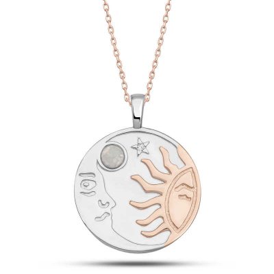 Sterling Silver Rose Gold Opal White Stone Moon Sun Women's Necklace