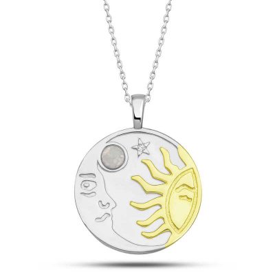 Sterling Silver Opal White Stone Moon Sun Women's Necklace