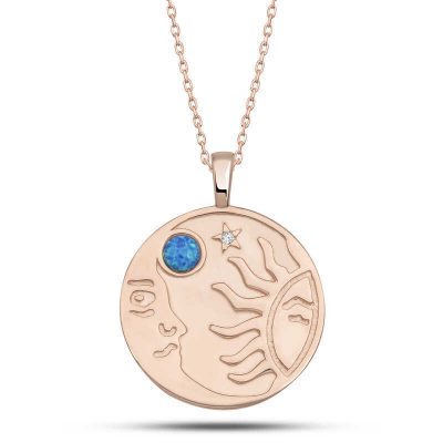 Sterling Silver Rose Gold Opal Blue Stone Moon Sun Women's Necklace
