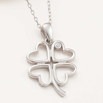 Sterling Silver Heart Four Leaf Clover Women's Necklace