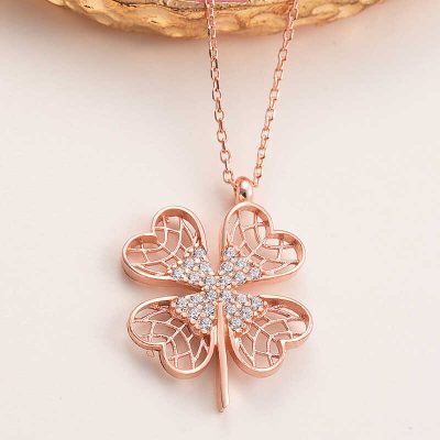 Sterling Silver Rose Gold Four Leaf Clover Women's Necklace