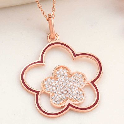​Sterling Silver Rose Gold Flower Desenli Women's Necklace