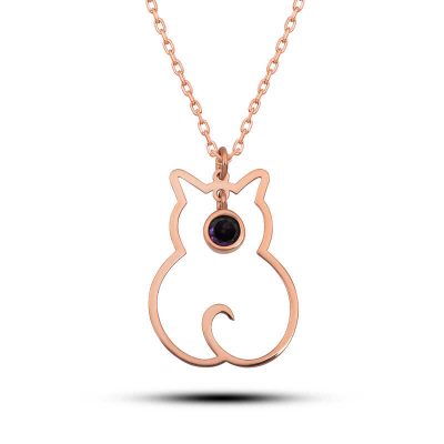 Sterling Silver Subat Moon Dogum Tasi Cat Women's Necklace