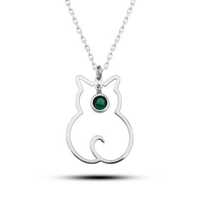 Sterling Silver Mayis Moon Dogum Tasi Cat Women's Necklace