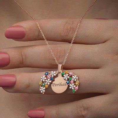 Sterling Silver Rose Gold Renkli Flower Personalized Women's Necklace
