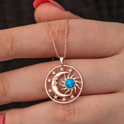 Sterling Silver Rose Gold Opal Blue Stone Moon Sun Women's Necklace
