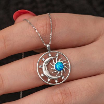 Sterling Silver Opal Blue Stone Moon Sun Women's Necklace