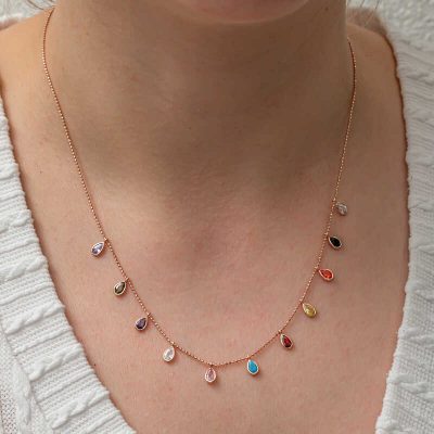 Sterling Silver Renkli Drop Stone Luck Women's Necklace
